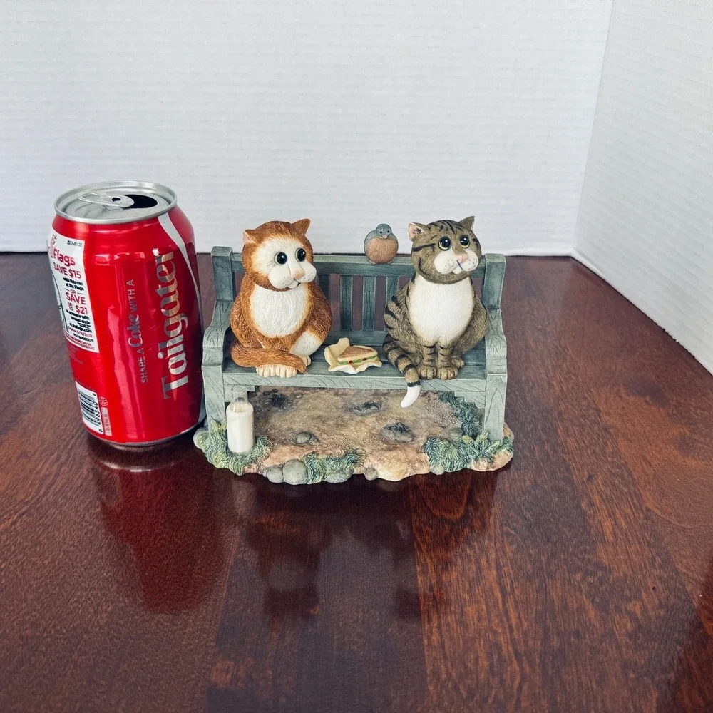 Comic & Curious Cats Linda Jane Smith THREE'S A CROWD Park Bench 2 Cats 1 Bird